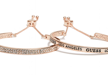 NWT GUESS BANGLE SET Rose Gold & Rhinestone Logo Bracelets (2) GENUINE