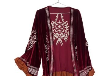 Bohemian Red Velvet Embroidered Long Bell Sleeve Kimono Jacket Size L 14