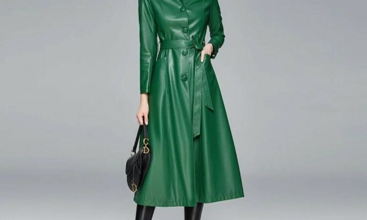 Streetwear Trench Coat Jacket Women's Fashion Sizes M -5XL Pu Leather Green
