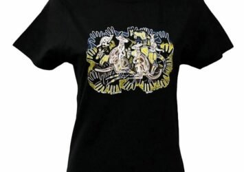 Kangaroo Survival Aboriginal Art Ladies T-Shirt (Black) - Fitted Sizes 8 - 20
