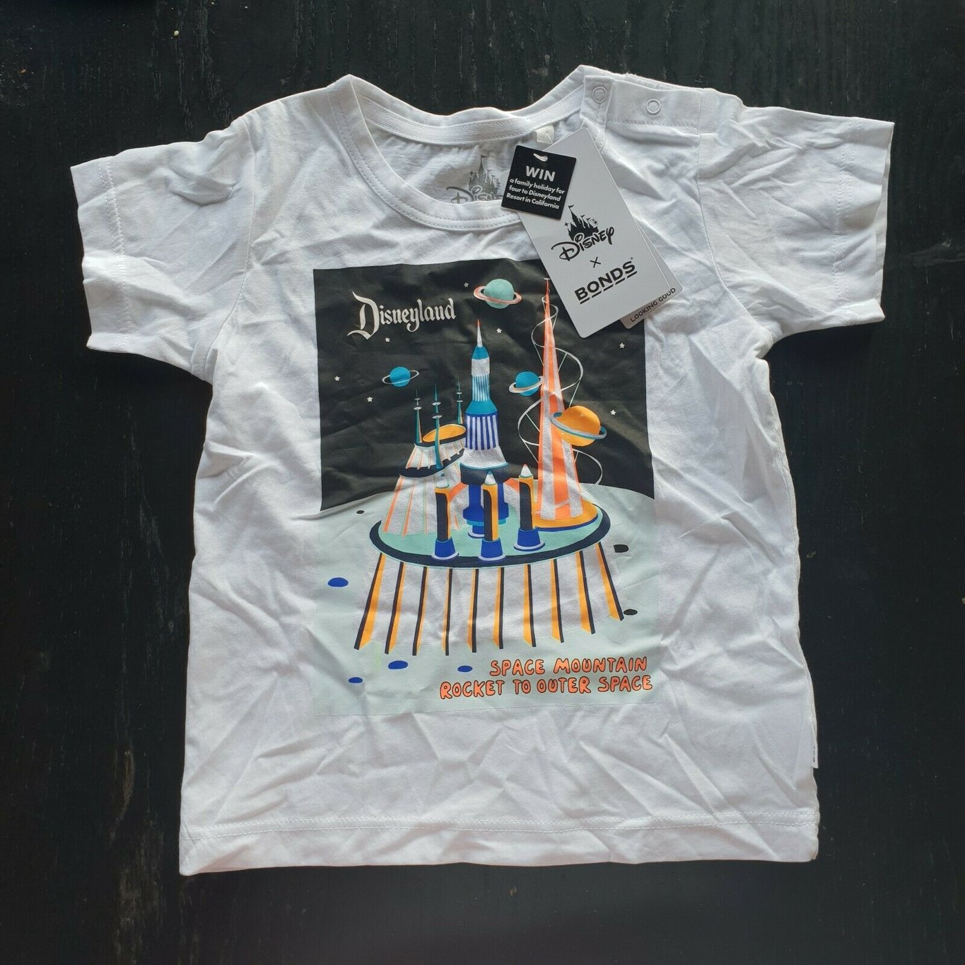 BNWT Bonds White Disneyland Short Sleeve Cotton T-Shirt Size 2 Space Mountain